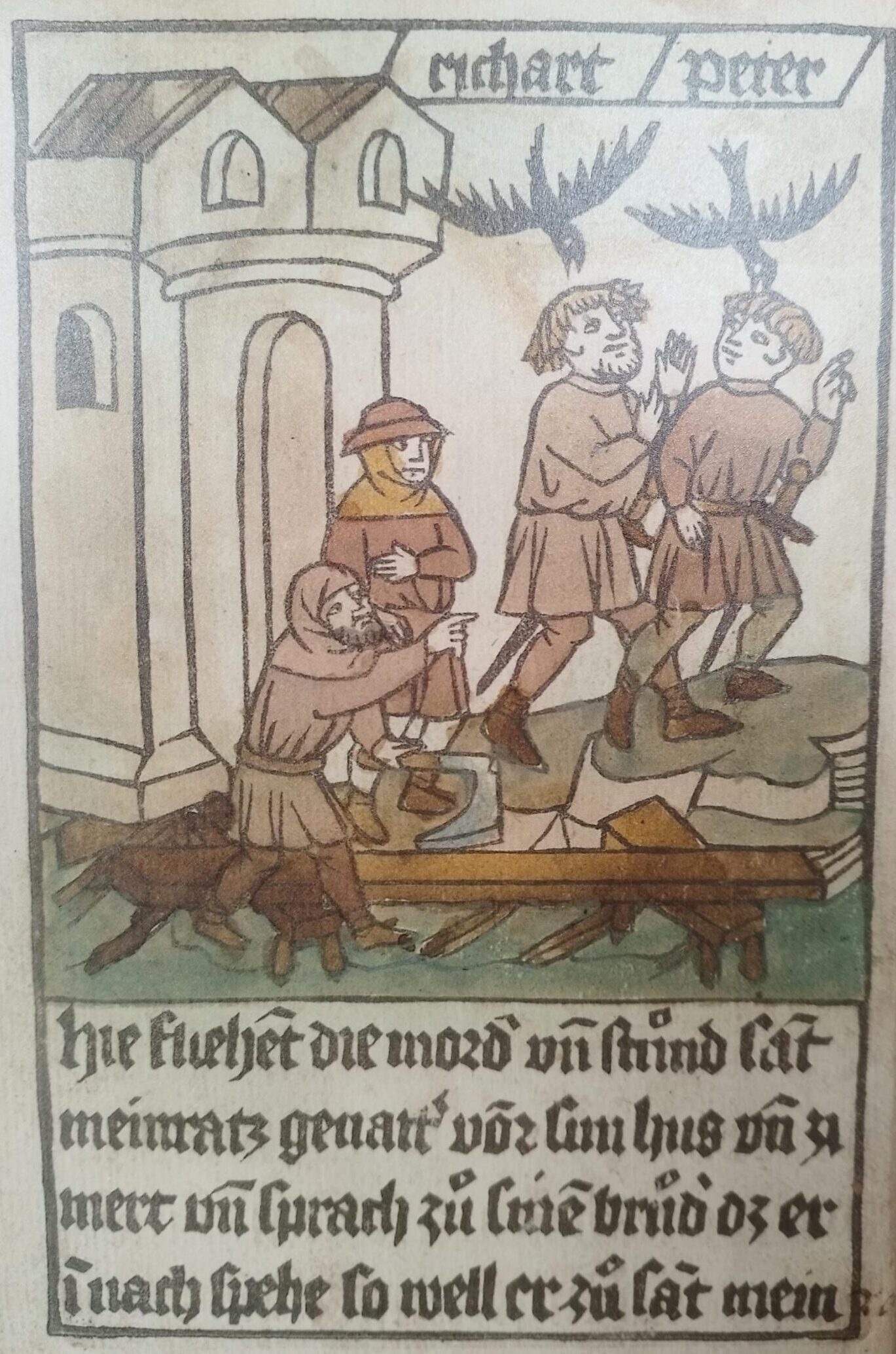 Meinrad’s two ravens pursue the robbers to Zurich, where they are recognized.