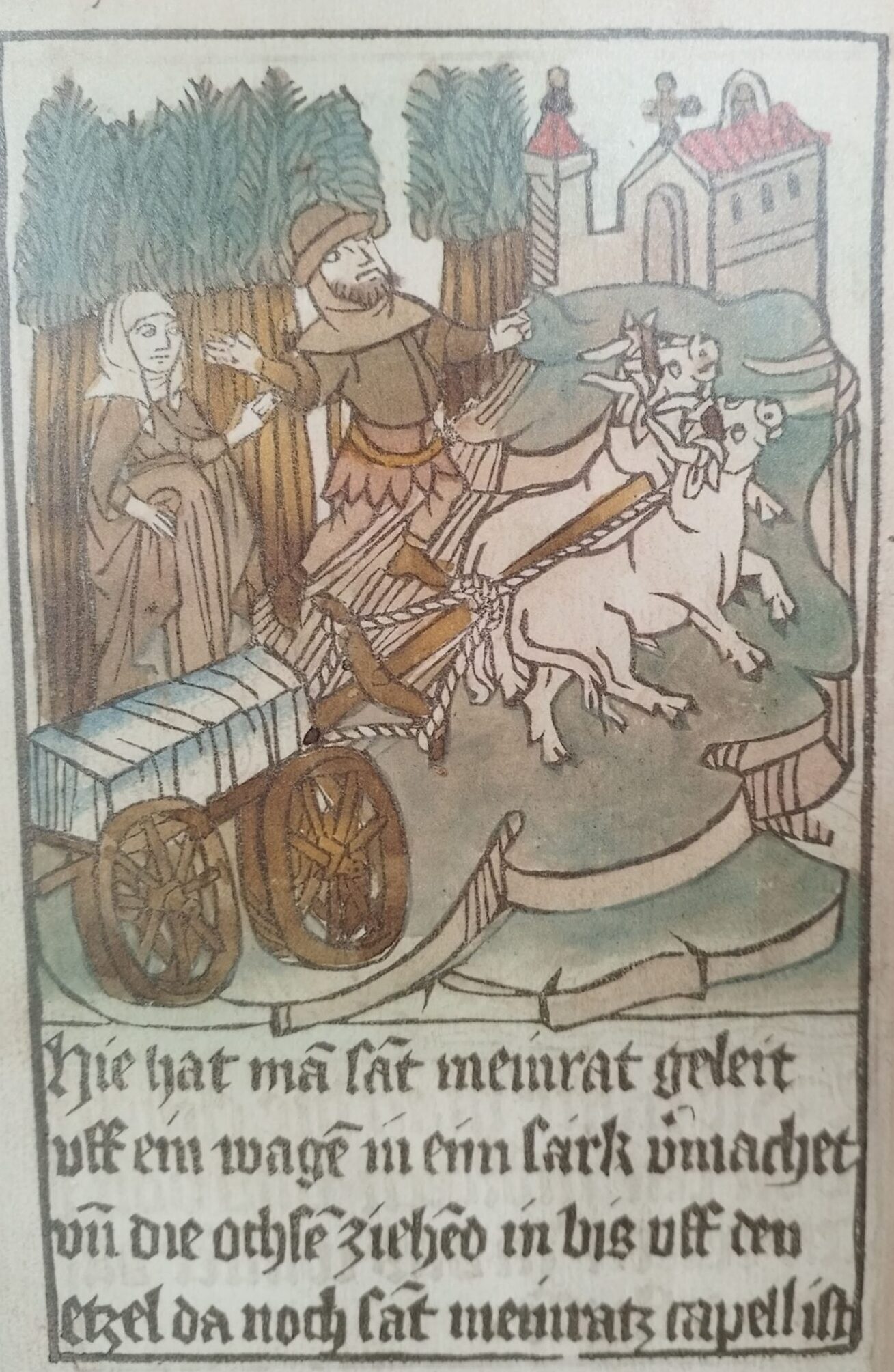 Meinrad’s body is pulled on an ox cart across the Etzel, where his first chapel stands.