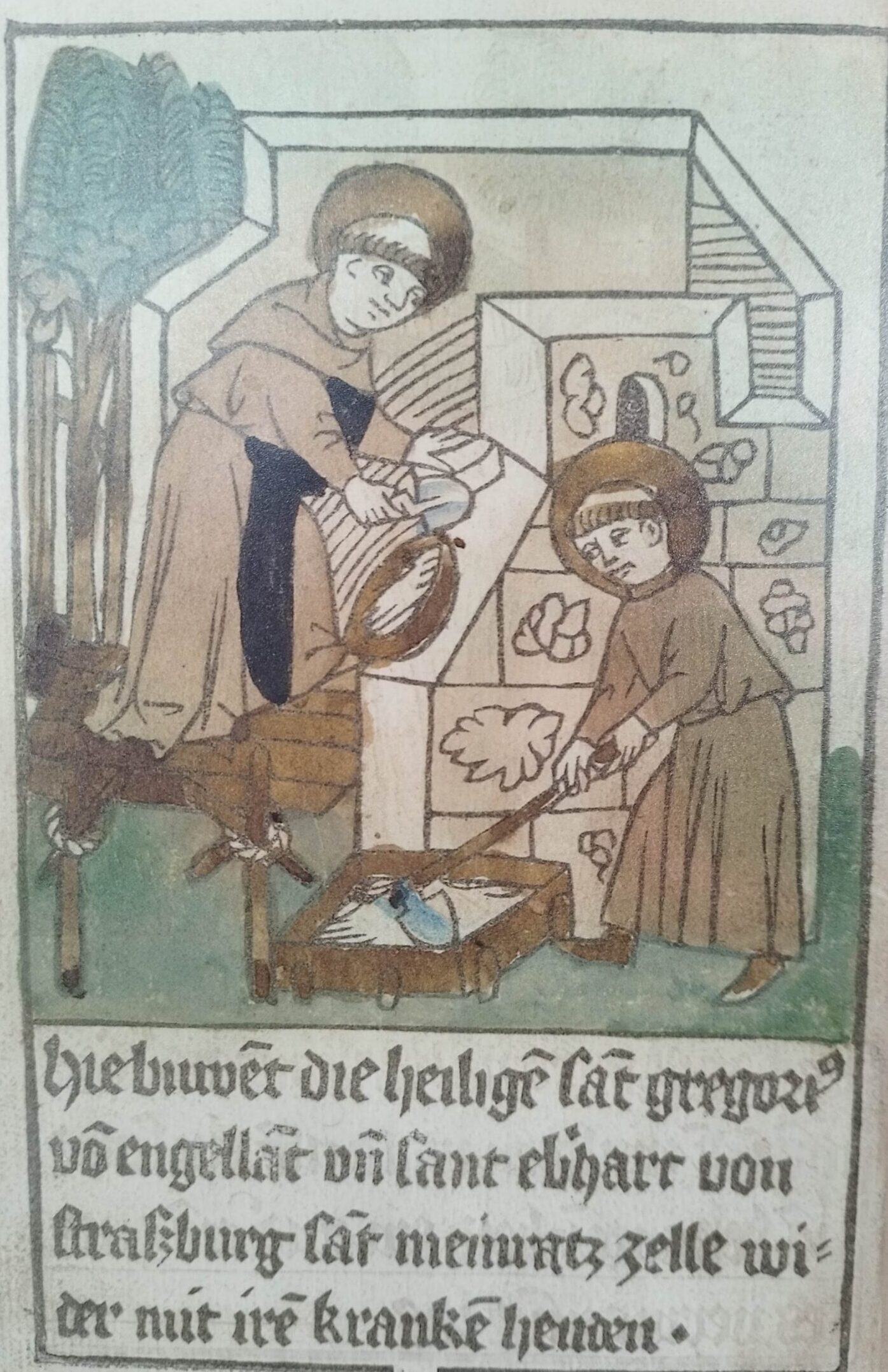 Eberhard von Strassburg and Gregor, an Anglo-Saxon, rebuild Meinrad's chapel together.