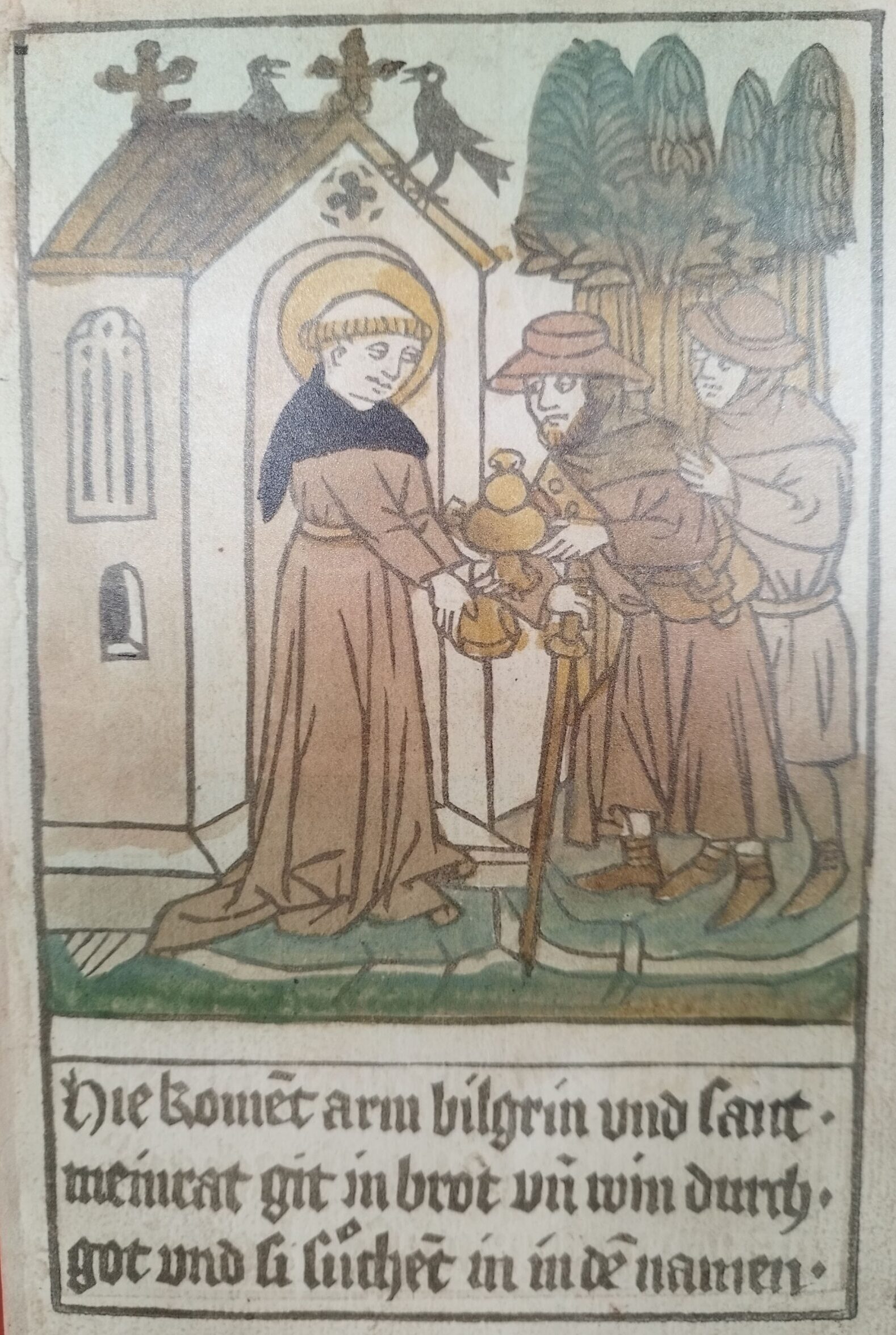 Meinrad gives poor pilgrims bread and wine.