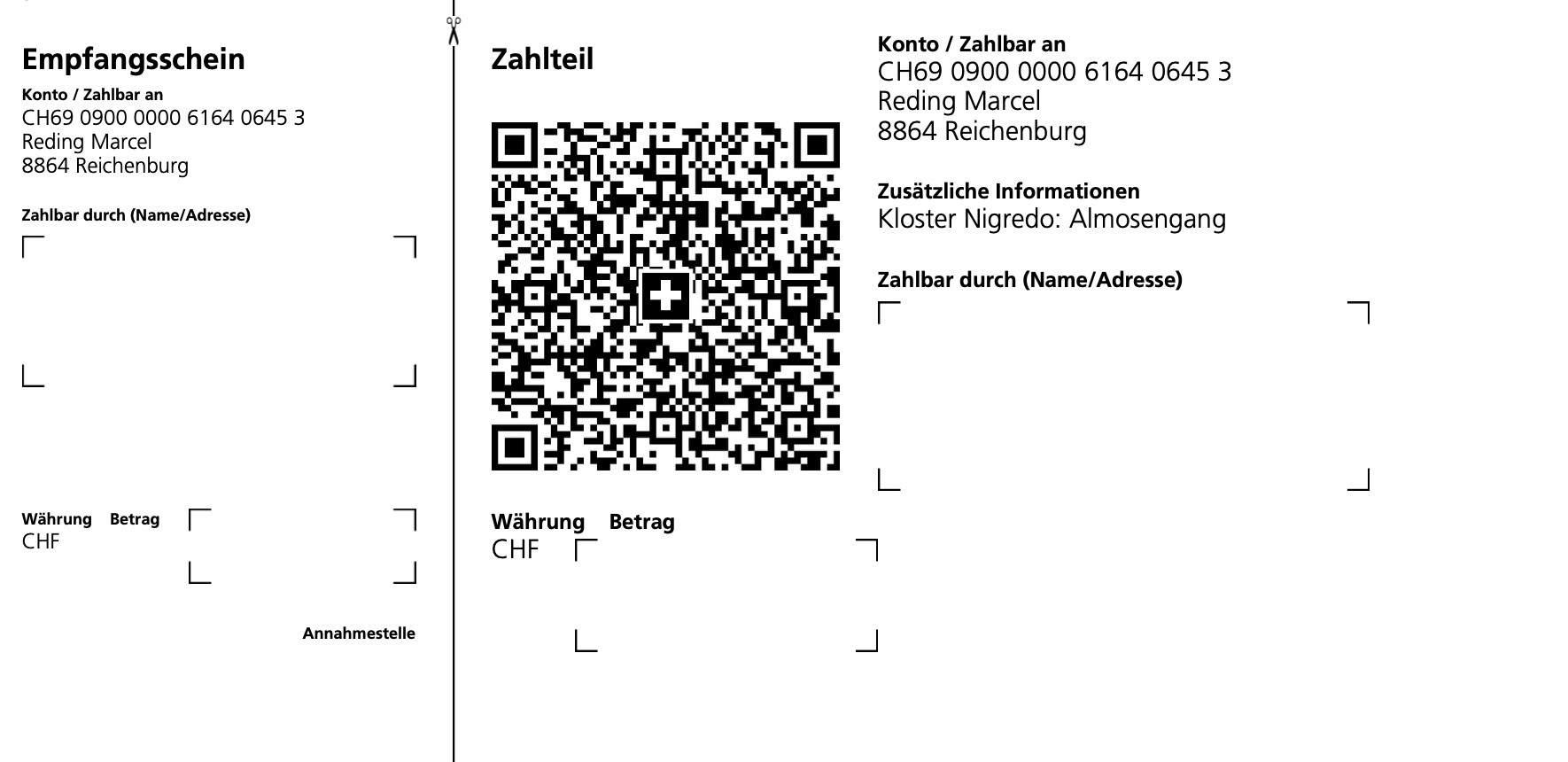 Einzahlungsschein Kloster Nigredo Schweizer QR-Rechnung mit Empfangsschein und QR-Code. Kloster Nigredo